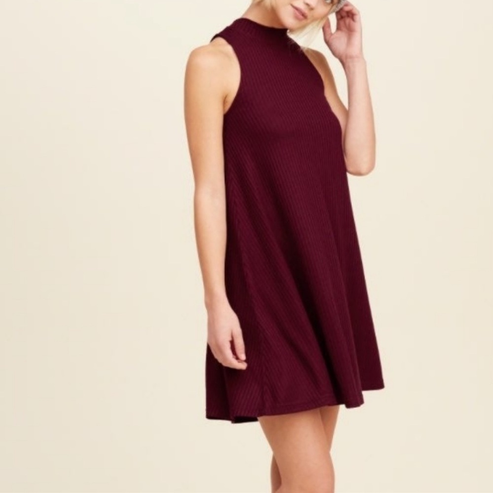 Women's HCO Hollister Ribbed Burgundy Y2K Mock Neck Swing Mini Dress - Size XS